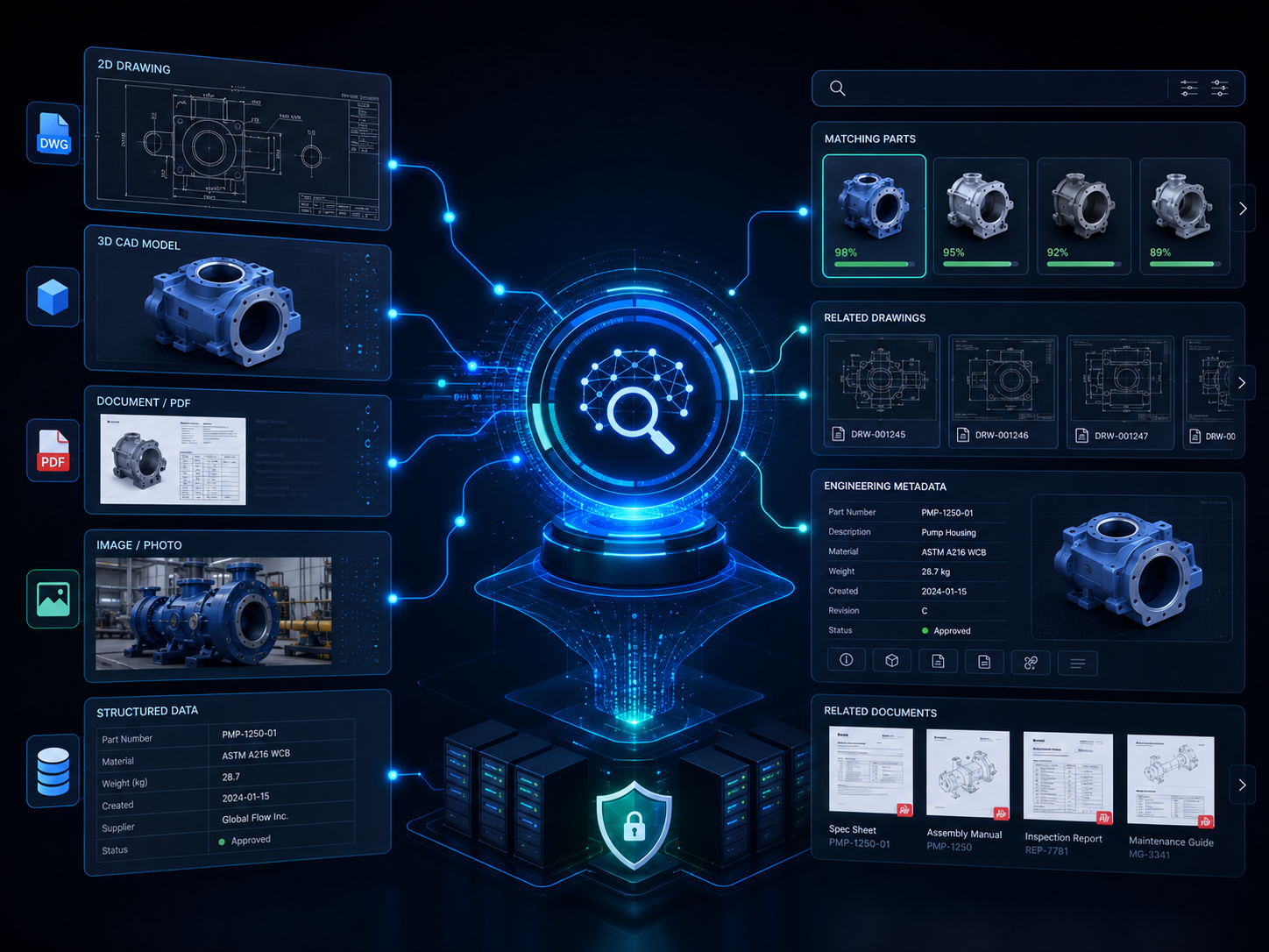 VizSeek visual AI search connecting drawings, 3D models, documents, images, and engineering metadata across secure systems
